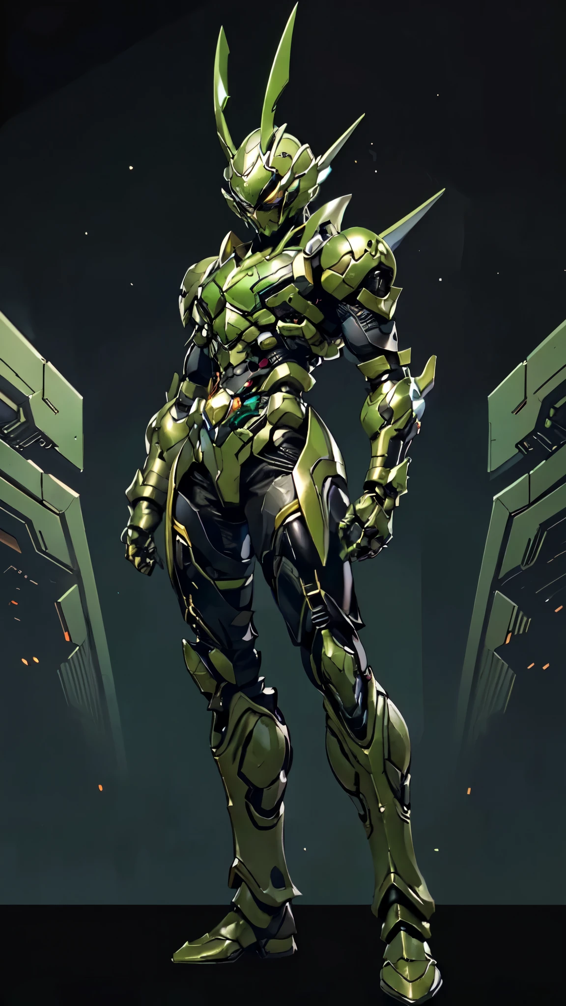 (masterpiece:1.5, best quality:1.5, extremely delicate:1.5), a man wearing a full-face helmet, a fantasy-style biotech armored combat suit, green eyes, (a composite layered chest armor), fully enclosed shoulder guards, matching arm and leg guards, belt of Neon circuit, (the color scheme is primarily black with green and red accents), the design balances heavy with agility, a high-tech bio-mecha armor, (Armor Concept Inspired by Kamen Rider, stand on the top of a skyscraper in a futuristic sci-fi city), this character embodies a finely crafted fantasy-surreal style armored hero in anime style, exquisite and mature manga art style, (element, plasma, energy, the armor glows), ((male:1.5)), metallic, high definition, highres, ultra-detailed, ultra-fine painting, professional, perfect body proportions, golden ratio, anatomically correct, symmetrical face, extremely detailed eyes and face, high quality eyes, creativity, RAW photo, UHD, 32k, Natural light, cinematic lighting, masterpiece-anatomy-perfect