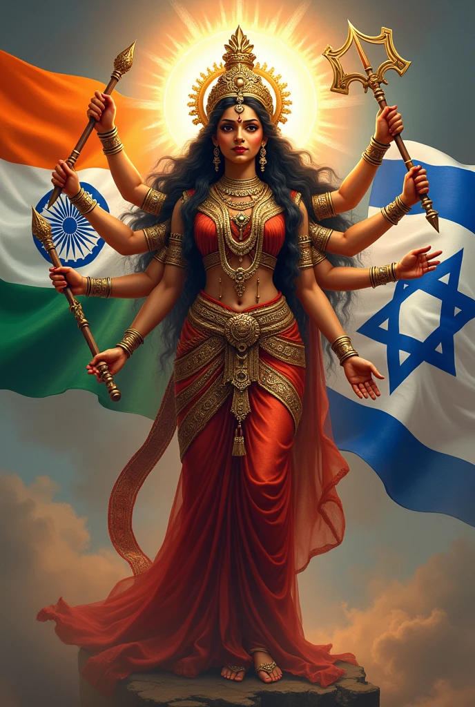 Goddess durga with indian and israel flas in background 
