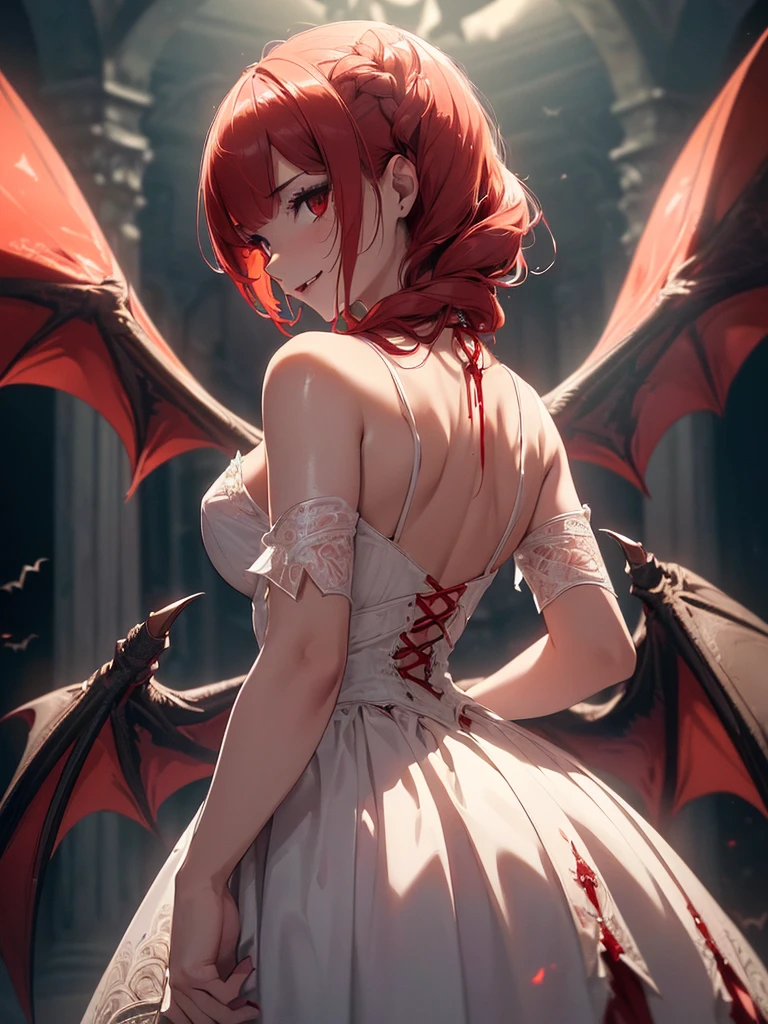 (((best quality, sharp image, clear image, cinematic lighting, 8k resolution, masterpiece, ultra detailed, intricate))) Girl, (((looking over shoulder))), shot from behind, vampire, (vampire fangs), intricate white dress. ((blood dripping)), intricate bloodlines in background, (bats flying), bright red hair, smiling