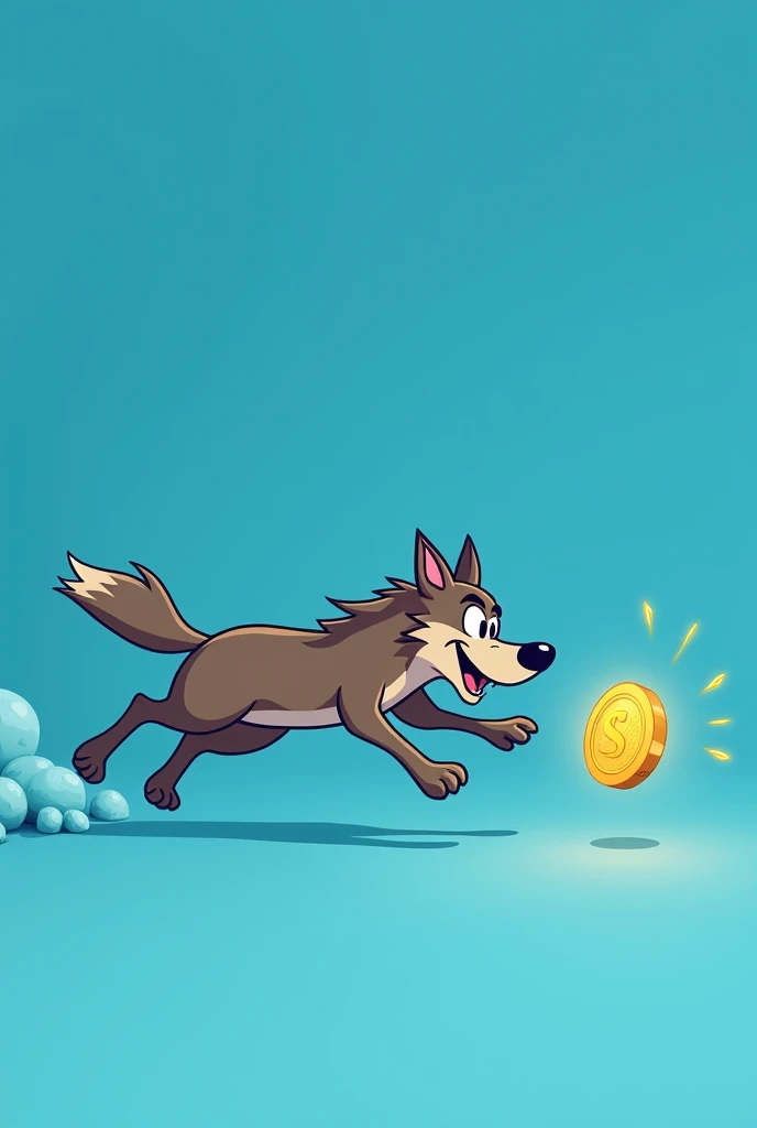 Cartoon wolf on a blue background runs after a gold coin format 1200 x 800