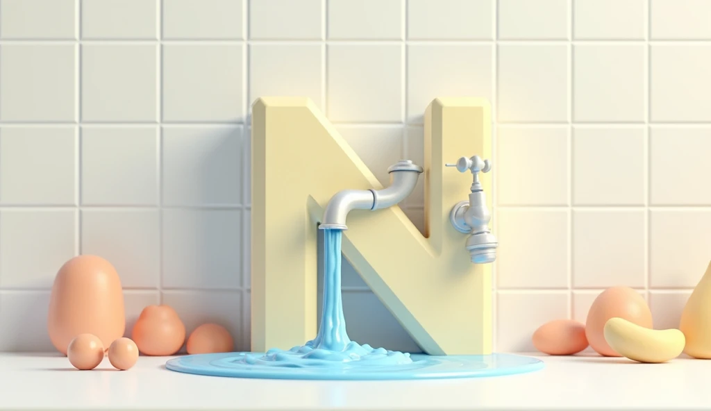 N**: "Create an image of the letter 'N' with a water tap next to it. The tap should have water flowing out in a fun, animated way, with a light background that includes simple, household-themed elements."

