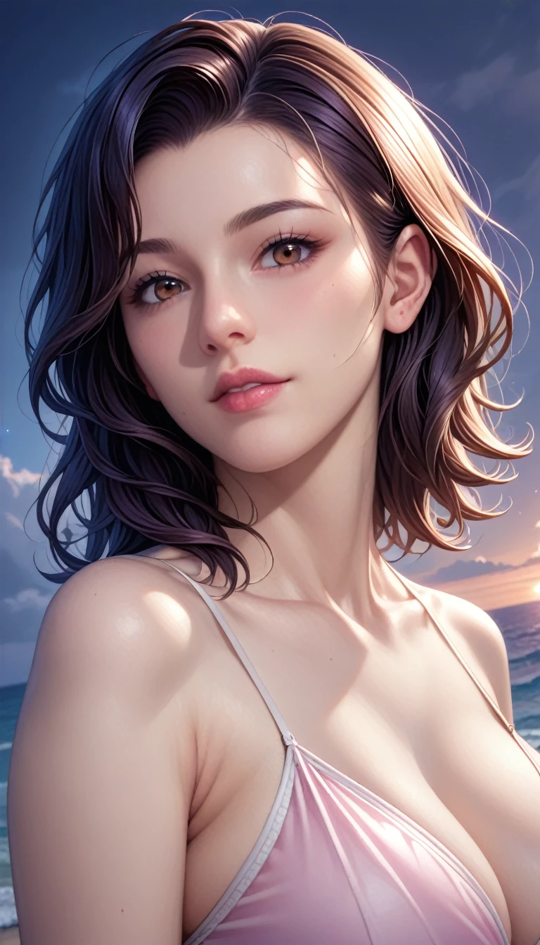 score_9, score_8_superior, score_7_superior, High resolution 3D anime style,A masterpiece in 32K resolution,Highest quality,it is really amazing,Very detailed,Ultra-high resolution,Ultra-realistic,Realistic,Increased depth of field,Cinematic lighting,
(Sexy mature Japan woman:1.2),
(black straight medium hair:1.1),(Ultra-detailed and beautiful face:1.1),(Calm and gentle look:1.1),Beautiful brown eyes,Translucent white skin,Realistic skin texture,Great proportions,
Elegant swimwear,
Summery design,Chic color scheme,Beautiful and delicate decoration,Detailed fabric texture,
(Dark overcast sky on a dull night:1.1),(Dark clouds filling the sky:1),(Thundercloud:1),Coastline at night,Stormy seas,(delay々A desolate sandy beach that continues:1),
(Dramatic Angle:1.1),