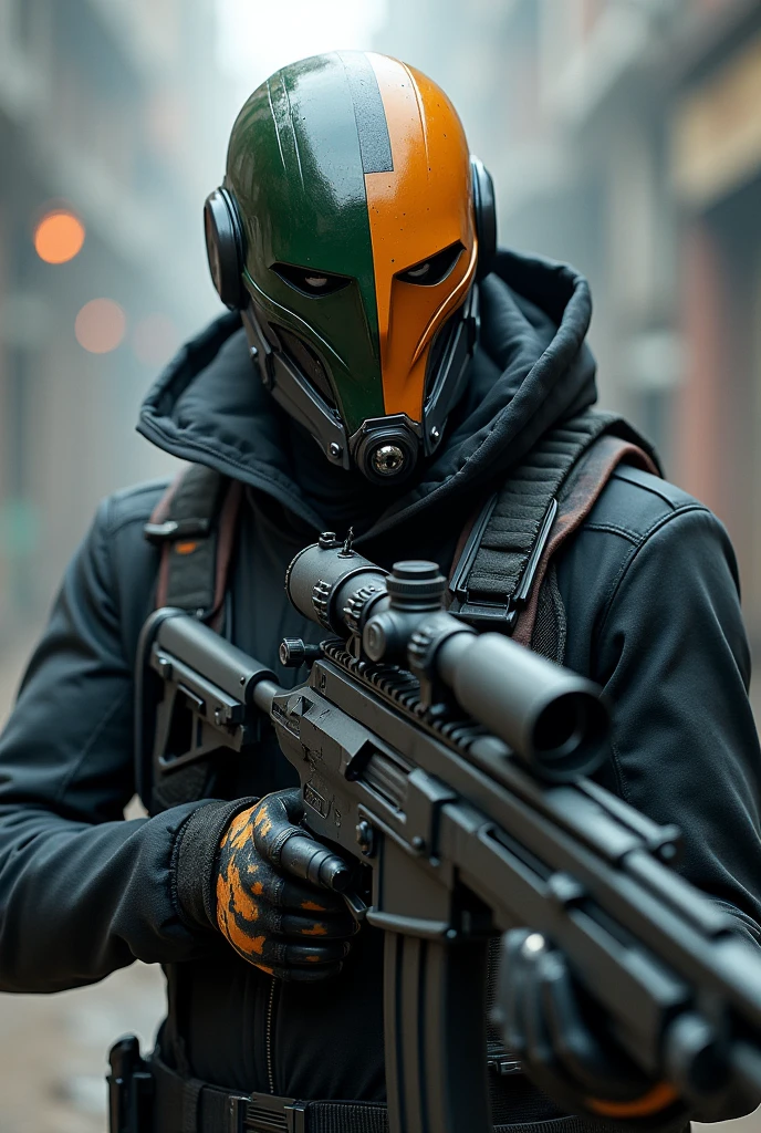 A villain who is a sniper, he is super intelligent and has shrinking technology, his weapons have shots of various types, and the ammunition is tiny, to fit multiple shots, and inside the gun it grows, helmet divided in two colors, black andwhite