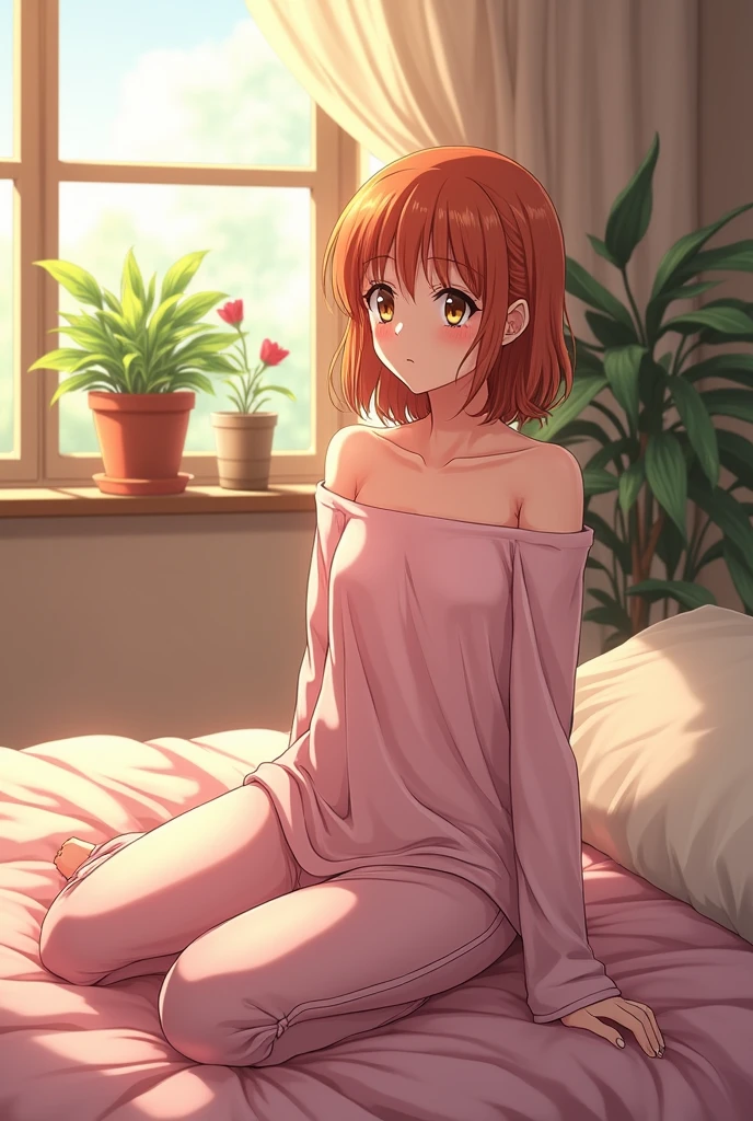 (photorealism:1.2), beautiful Sakura Card Captor, sitting on bed, wearing loose off-shoulder top, pajama pants, indoors, soft lighting, plants in background, window with sunlight, cozy room, relaxed pose, realistic, intricate details, warm saturated colors