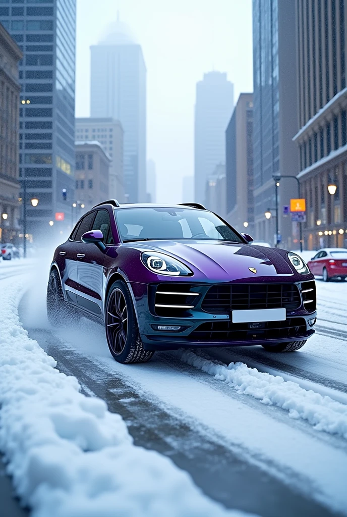 black and purple porsche macan speeding on ice avenue