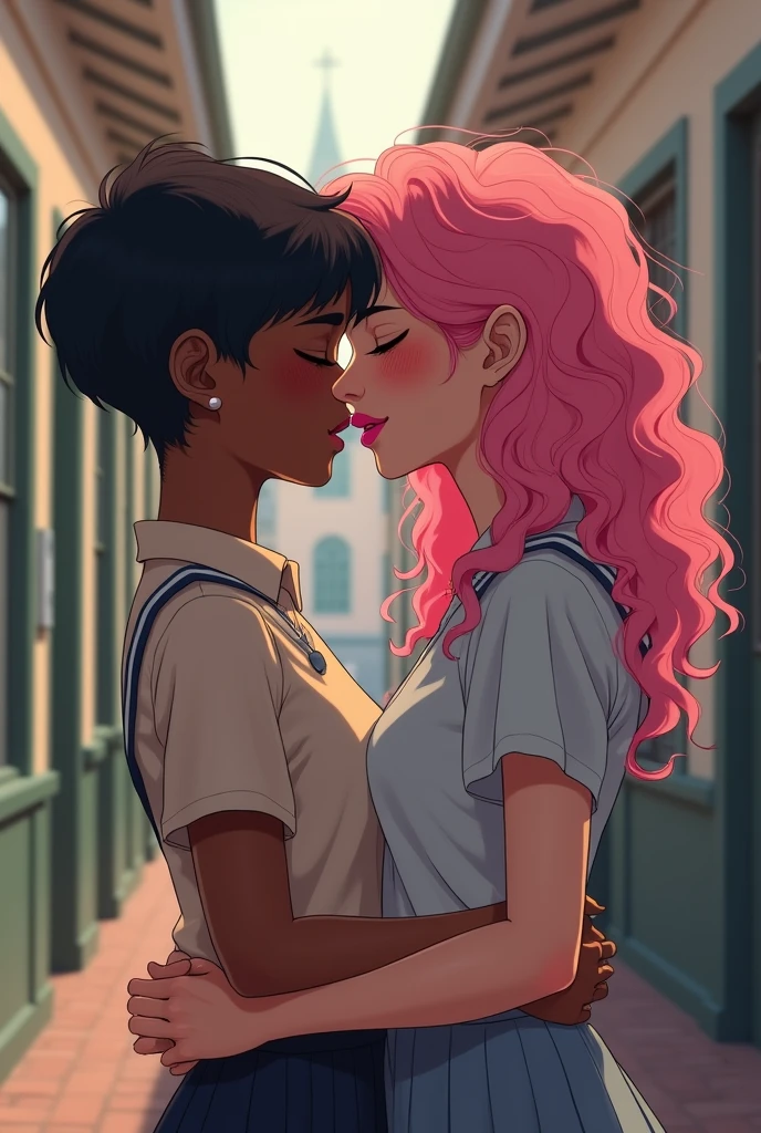 Dark-skinned girl with very short pixie-style black hair,  blushing shyly kissing another pretty tall and sexy girl, with very curly and pompous pink hair quite long, with pink lips, In a Catholic school

