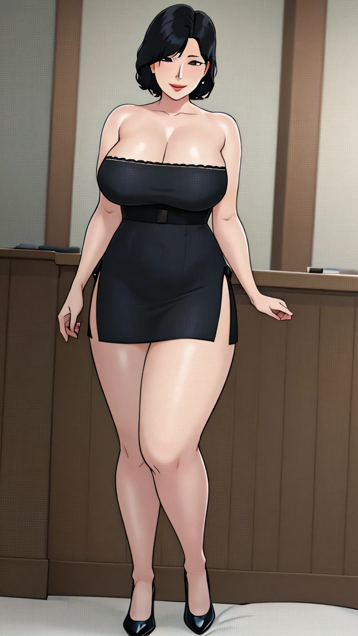 NTR MAN, Masterpiece, Top Quality, 1 Girl, Alone, Adult Woman, Black Hair, Curly Bob Haircut, Center Part Hairstyle, Blue Eyes, Healthy Skin, Red Lipstick, Seductive Smile, Thin Arms, Thin Waist, Wide Hips, Thick Thighs, Maid Outfit, full body image