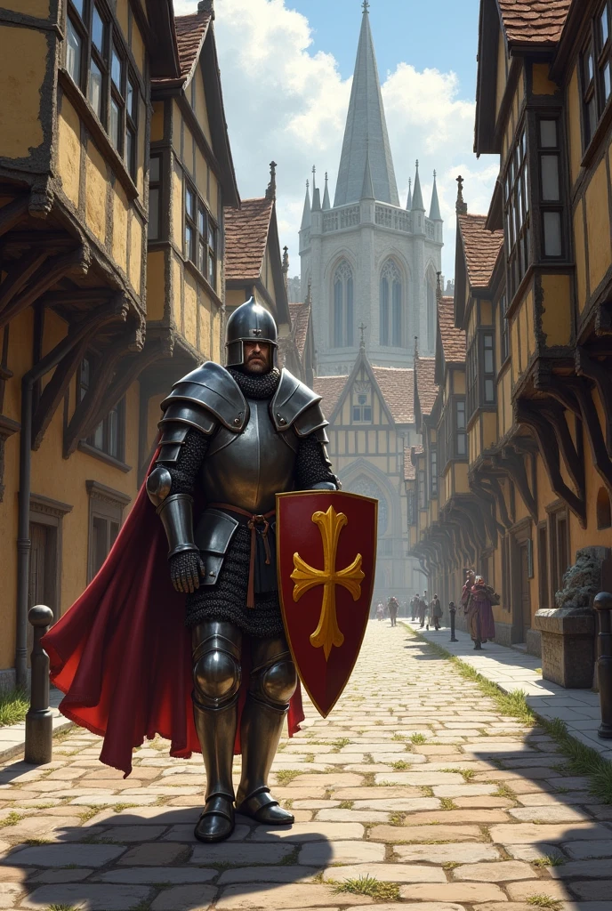 A knight crossing a street of York, Classic, cross on his shield