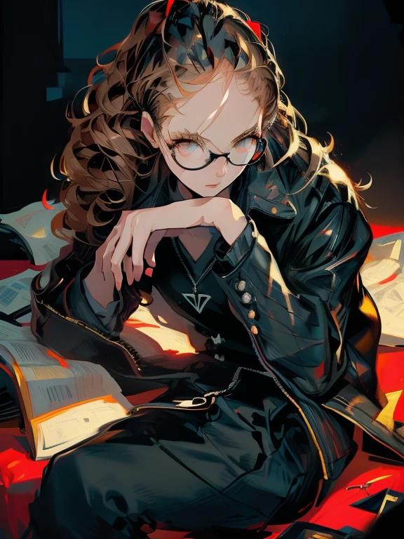 ((chibi)), big head, focus face, in the art style of persona5, (masterpiece:1.2, highest quality), (Realistic, photoRealistic:1.4), Beautiful illustrations, (Natural Side Lighting, Cinema Lighting), Written boundary depth, Beautiful thighs staring at the viewer, 1 female, 20-year-old, alone, thin, slender, (small breasts), long Hair, curly Hair, Forehead, Forehead, Forehead, Forehead, thin, slender, glasses, ((Skinny black pants, collared shirt, oversized zip-up blouson)), lying on the bed, (((glasses)))