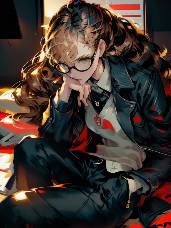 ((chibi)), big head, focus face, in the art style of persona5, (masterpiece:1.2, highest quality), (Realistic, photoRealistic:1.4), Beautiful illustrations, (Natural Side Lighting, Cinema Lighting), Written boundary depth, Beautiful thighs staring at the viewer, 1 female, 20-year-old, alone, thin, slender, (small breasts), long Hair, curly Hair, Forehead, Forehead, Forehead, Forehead, thin, slender, glasses, ((Skinny black pants, collared shirt, oversized zip-up blouson)), lying on the bed, (((glasses)))