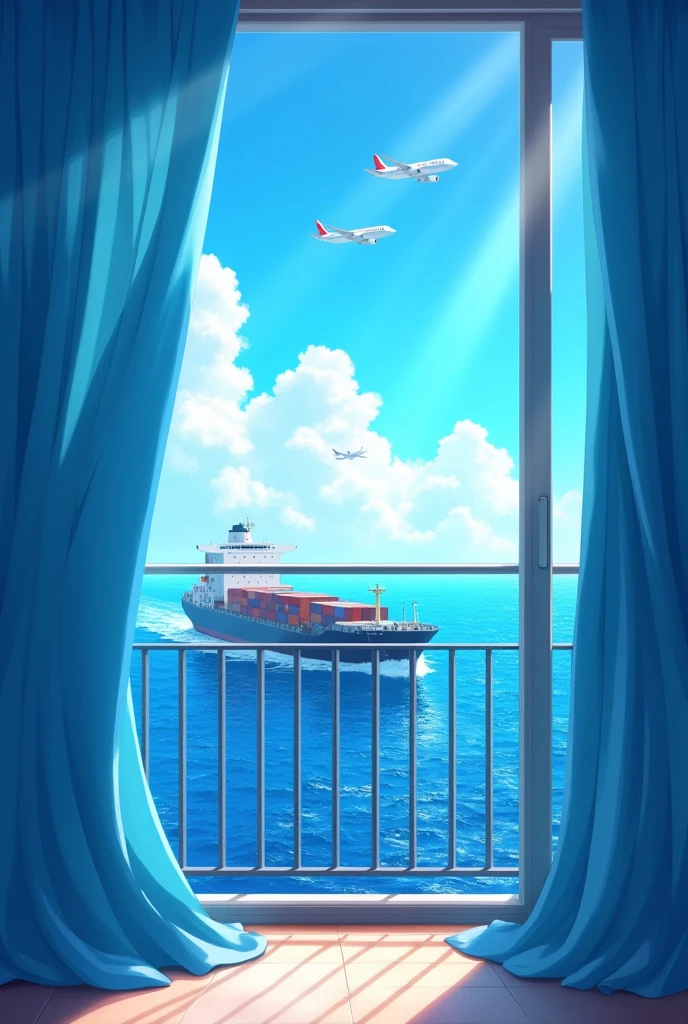 １２Sunny at the time。A container ship is visible through a blue curtain billowing in the wind on the balcony of an office building.　The sea is sky blue。Planes in the sky。Anime Style