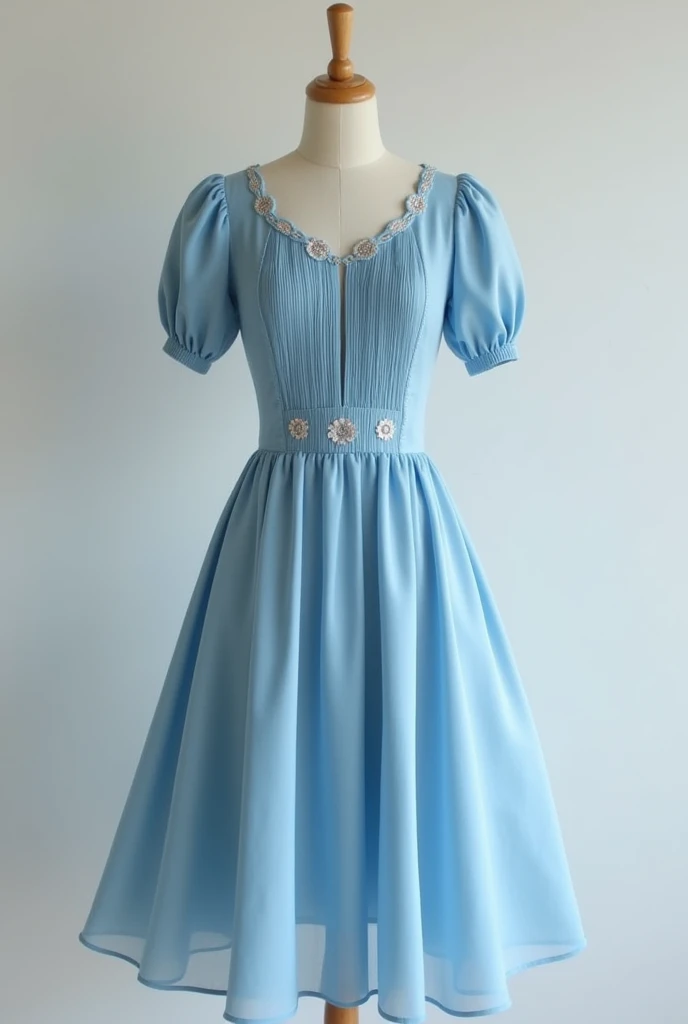 Soft blue silk midi dress with white shoulders and sleeves with a small slit above the chest and puffy elbow-length sleeves. A midi dress in a delicate blue shade, adorned with embellishments on the sleeves and collar