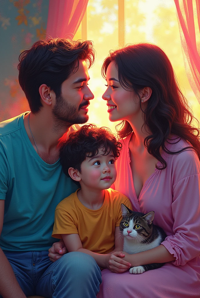 an image of a family - a father, a mother, 1 boy, 1 cat with the light shining on them, in the style of colorful prisma, erased and obscured, multiple flash