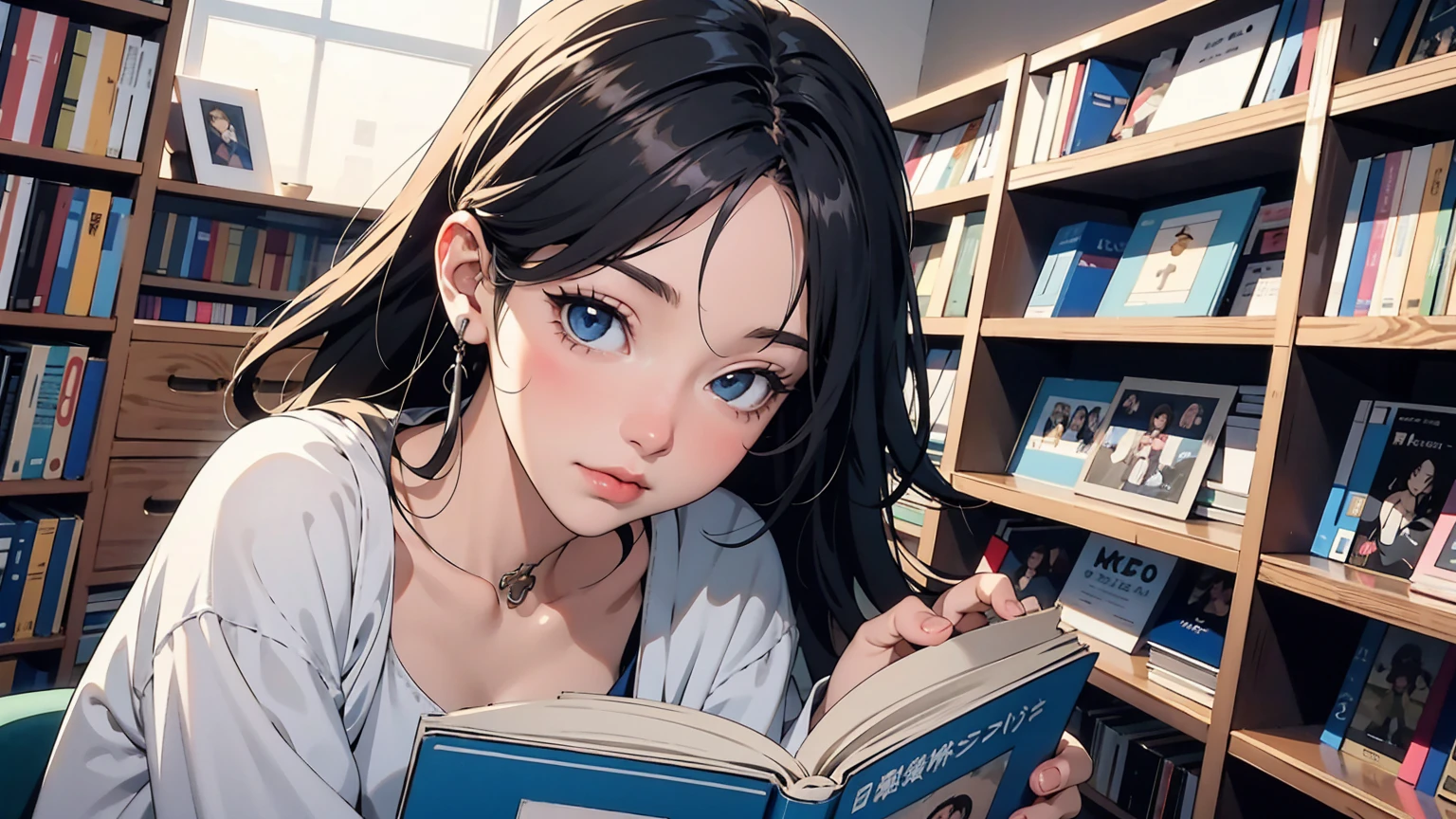 masterpiece、high resolution 8k、NSFW、sharp focus ,anime girl wearing headphone in a library with a book shelf full of books, librarian, kantai collection style, background = library, library background, in a library, the librarian, visual novel cg, dusty library, kawacy, ; visual novel, young anime girl, lofi girl, visual novel, infinite library, girl in a record store, anime moe artstyle
