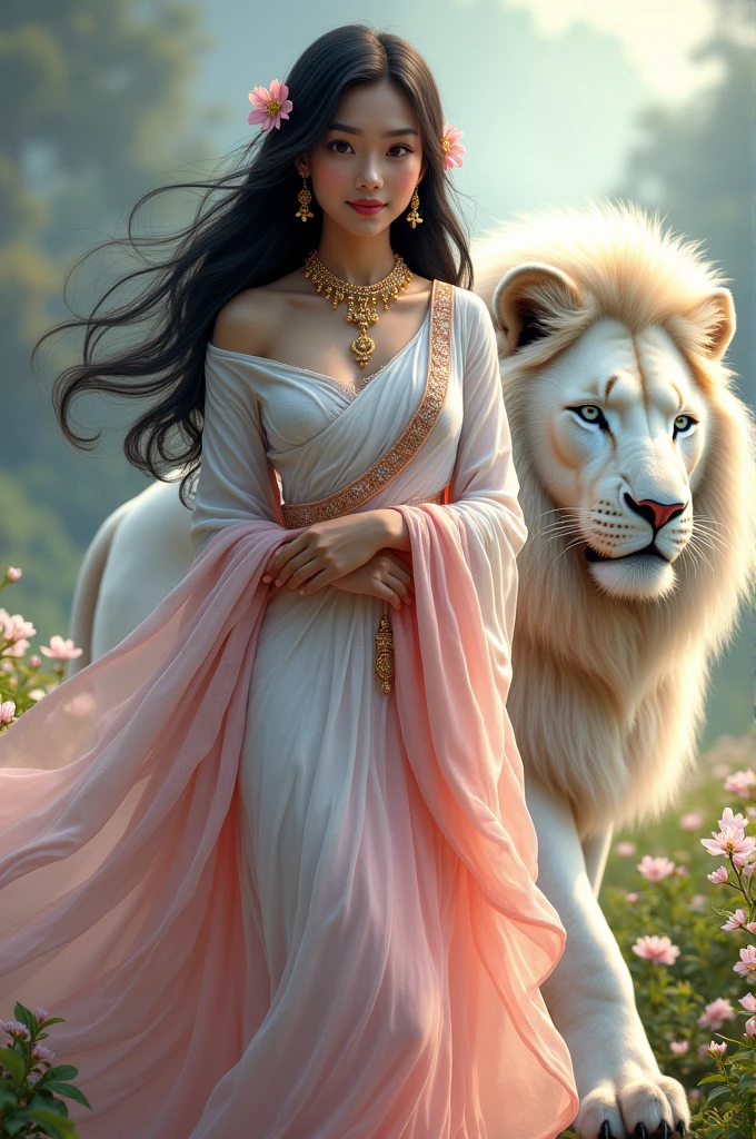 A full-body picture of a young woman, beautiful, sweet, and gentle, with fair skin, 21 years old, long, flowing black hair, wearing a beautiful, intricate, white, pink, ancient Indian dress, flowing silk fabric. A full-body picture with small pink flowers in her hair. There is a glowing light, aura around the body. On the side is a large white lion with blue eyes, wearing gold jewelry, walking beside the young woman, in the middle of a field of jasmine flowers. An oil painting, a beautiful, sharp 3D picture. An art picture of Professor Chalermchai.