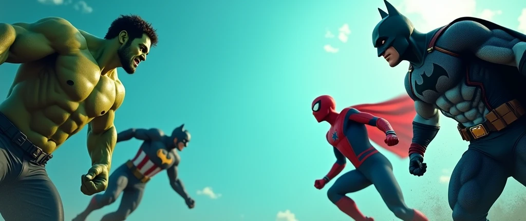 A visually striking and dynamic cinematic scene featuring Marvel's Spiderman, Hulk, Captain America, and DC's Batman in a powerful and heroic pose. These four superheros are jumpin gout from the four corners of the page with bold expressions and detailed designs, exuding a sense of awe and wonder. The full center and sides of the page are left blank, creating a dramatic contrast with a teal gradient color that harmoniously blends into the surrounding scene. The digital painting style captures the essence of comic book art, while the concept art presentation highlights the creative vision behind these iconic superheroes, evoking both romance and a powerful sense of adventure.