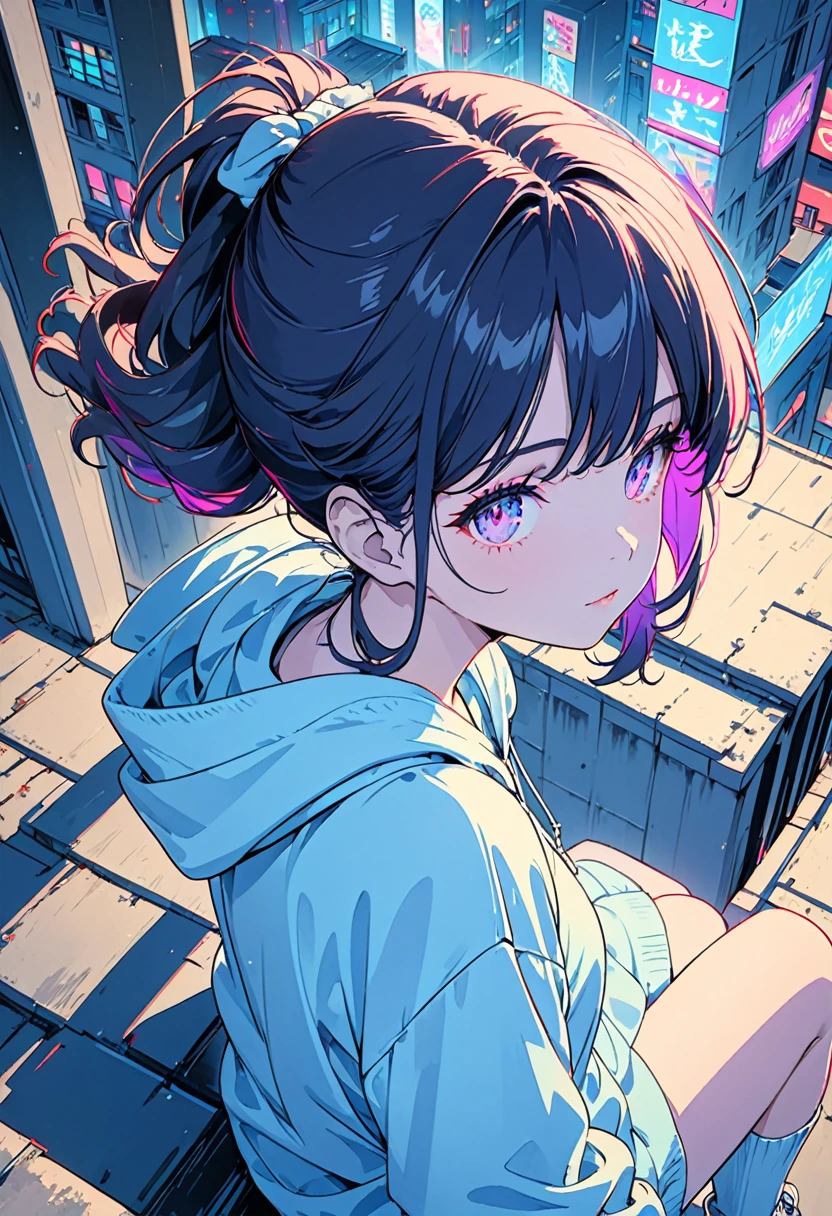 masterpiece,Highest quality,1 Synthwave style girl,Blue outline,Neon lit street,Blue fluorescent paint,alone,From above,Cowboy Shot,Sitting on the roof of a building,Highly detailed CG,Flat Color,Limited edition palette,No Line Art,silhouette,Partially colored,Alternative color,Dynamic Angle,Blue long top champagne,Purple Shadow,Synthwave,chromatic aberration,(alone focus),Perfect Shadow,Wearing a light blue hoodie,Delicate face,,Beautiful and delicate eyes,Delicate background,Blue Neon Light,