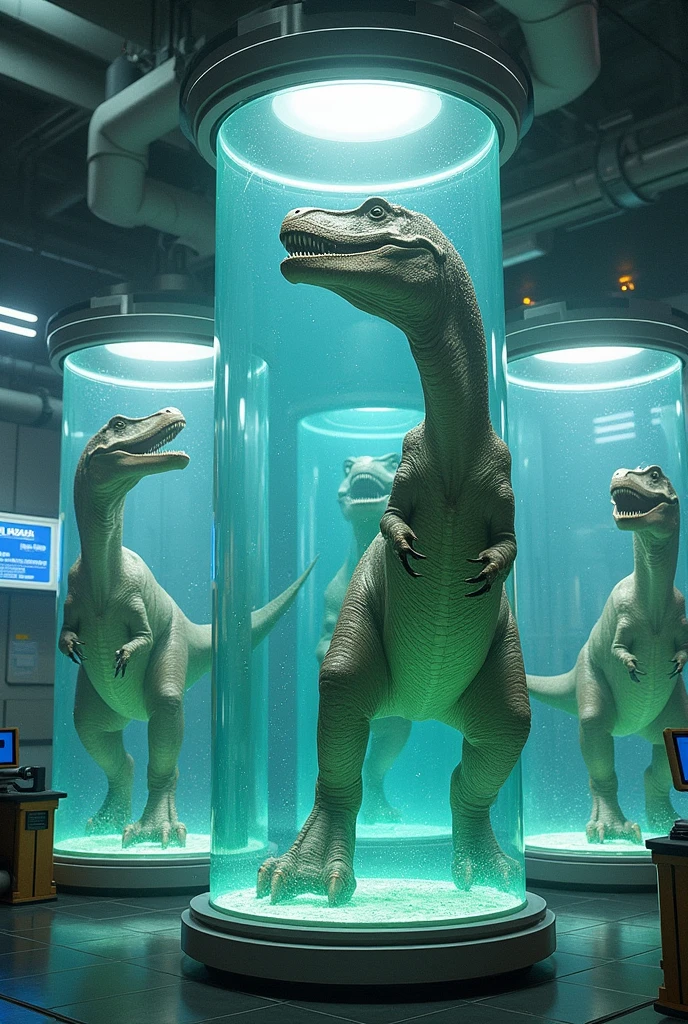 Dinosaurs being cultured in capsules filled with liquid