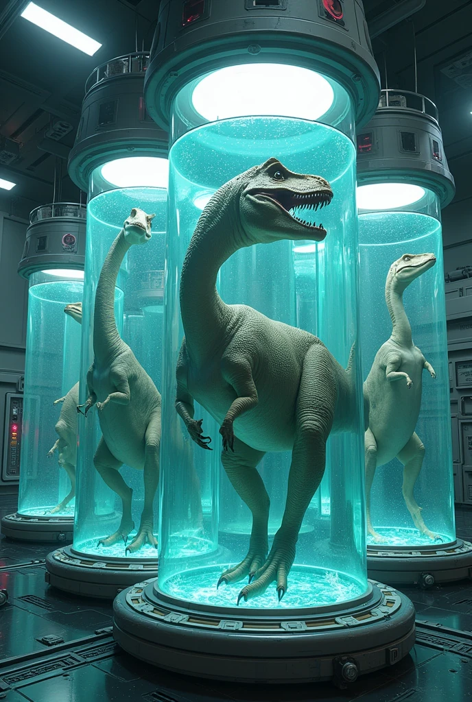 Dinosaurs being cultured in capsules filled with liquid