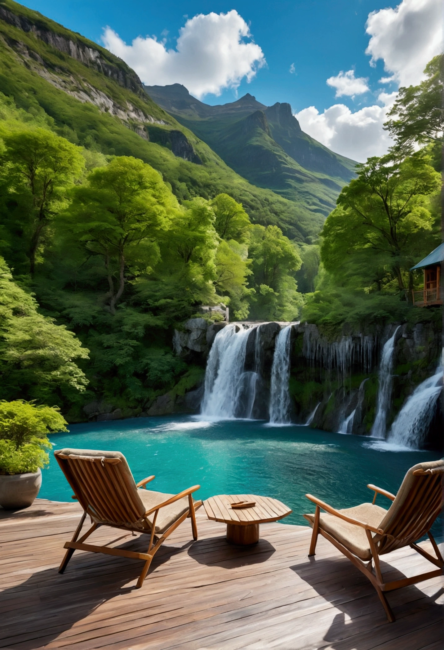 The image is a beautiful landscape of a wooden cabin in a mountainous area. The cabin is made of wood and has a sloping roof and a chimney on the right side. It is surrounded by lush greenery and trees. In front of the cabin, there is a small waterfall cascading down a rocky cliff. The water is a vibrant turquoise color and there are two lounge chairs on the deck overlooking the waterfall. The sky is blue with white clouds and the mountains in the background are covered in green trees. The overall mood of the image is peaceful and serene.4k realistic 