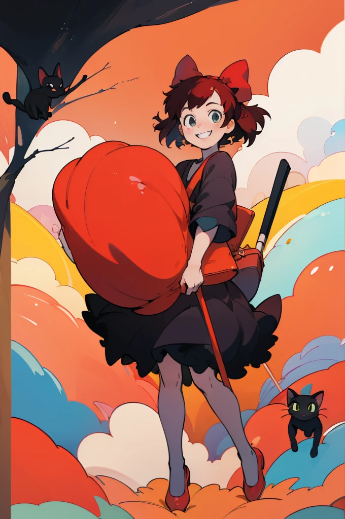 (masterpiece:1.4), (best qualit:1.4), (high resolution:1.4),1girl, kiki, black robe, (red hair bow:1), messenger bag, looking at viewer, smile,   black_cat, red shoes
