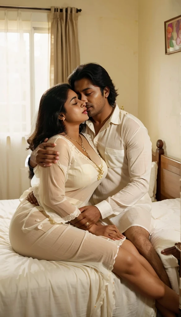 South Indian women, hugging a man in bed room, wearing cream colour chiffon transparent nighty