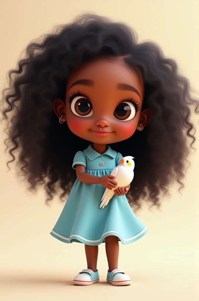 Create a 3D poster in the style of Disney PIXAR. 5 year old girl, brown skin, long black curly hair, brown eyes and smiles. light blue dress, white shoes, holding in hand a white cockatiel and a small bird of the species chamin blue(all this in Disney PIXAR 3D style, cartoon style, POP market, soft lighting, smooth lines, spring tilt, detailed illustrations of PIXAR 3D, hyper-realistic details, warm colors in Disney PIXAR 3D style). ...