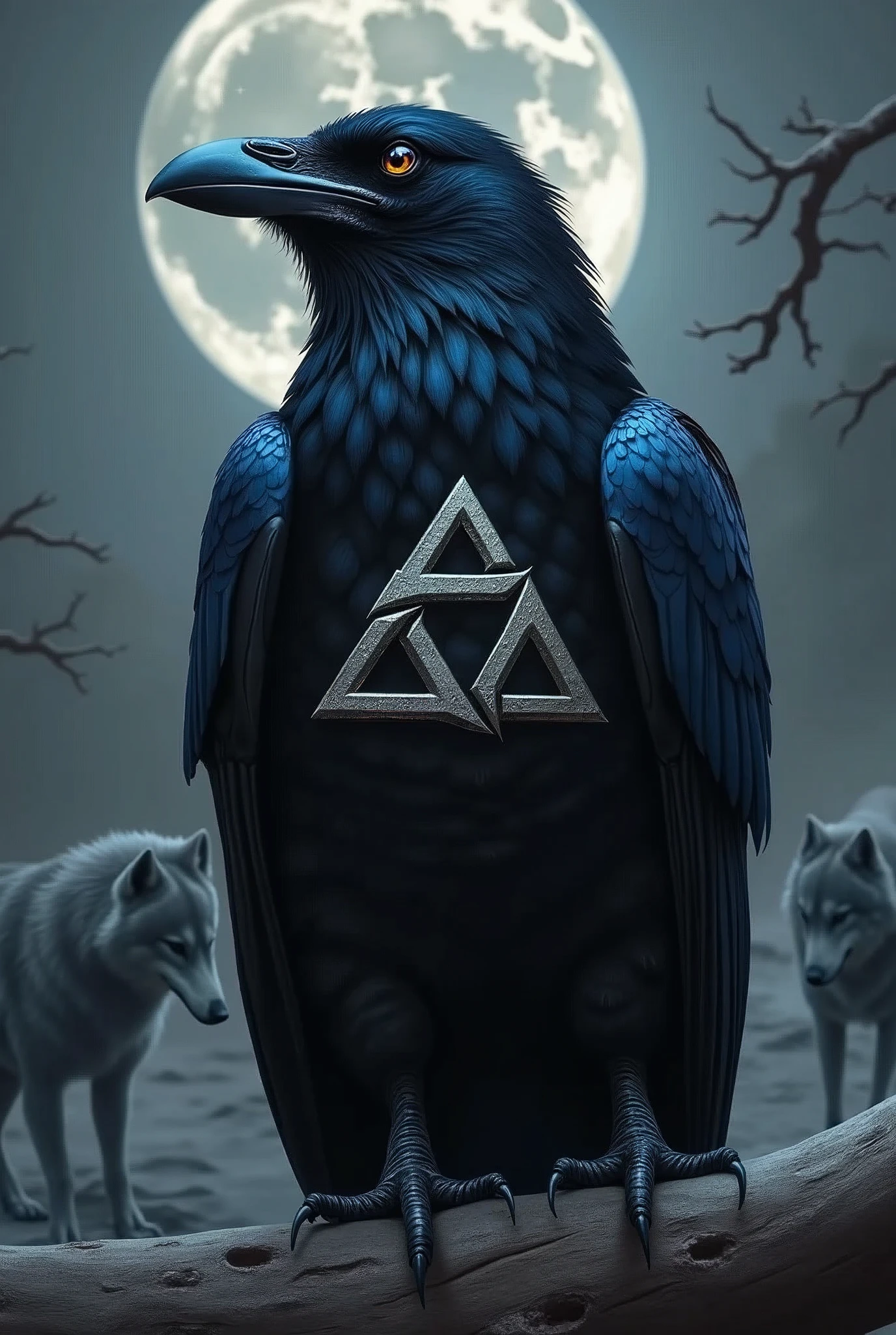 a raven with the valknut symbol with the wolves Skoll and Hati in the background