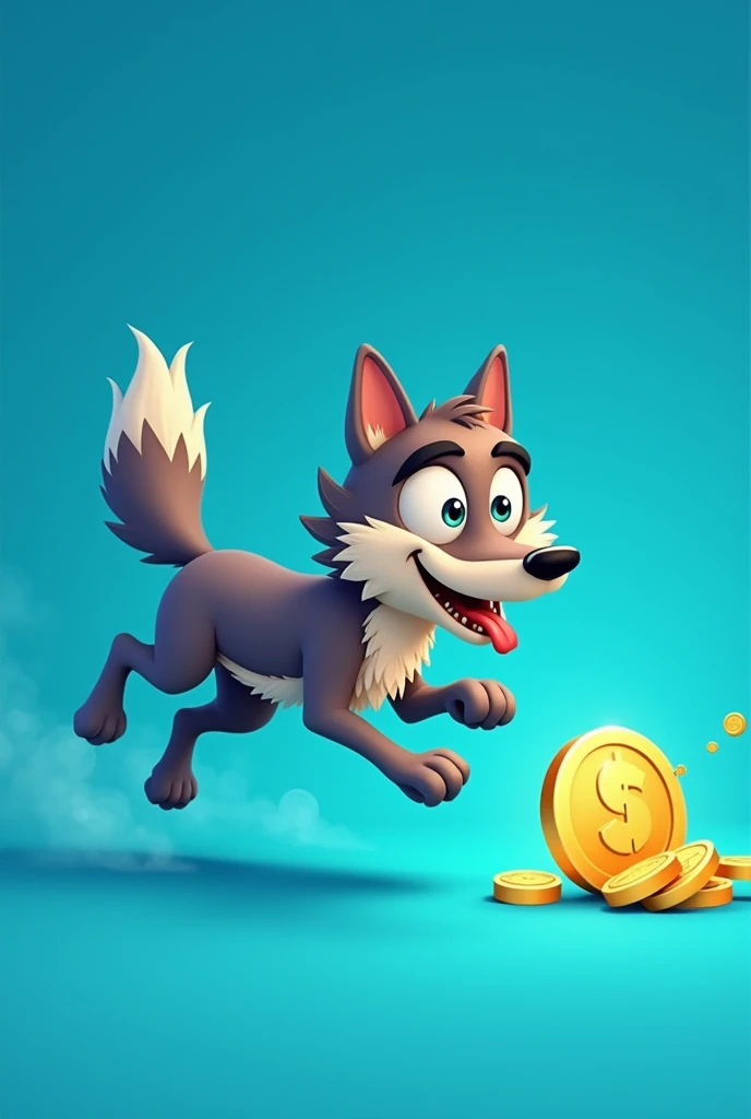 A cartoon wolf on a blue background running after a gold coin, format 800 by 1200
