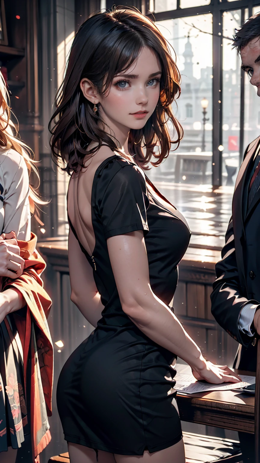 (Sharp focus:1.2), One person, wear (little black t-dress:1.2) in (Gala:1.2), (Moody lighting:1.2), Depth of written boundary, Bokeh, 4K, High resolution. by (Alphonse Mucha:1.1). Sexy proportions、Narrow waist