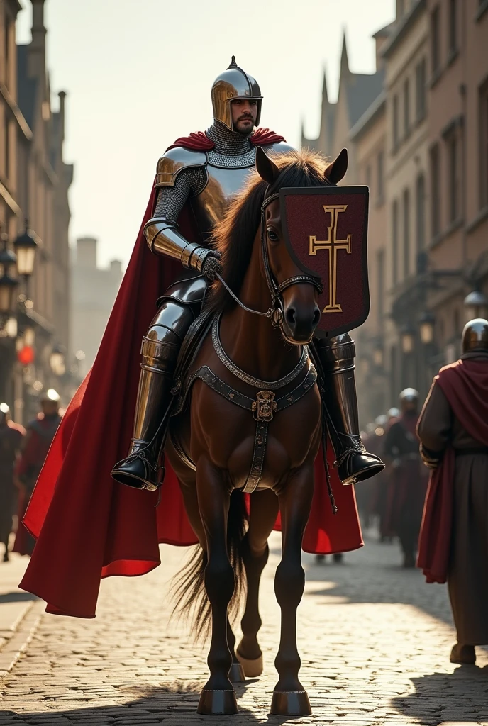 A knight crossing a street of York, Classic, cross on his shield, riding the horse