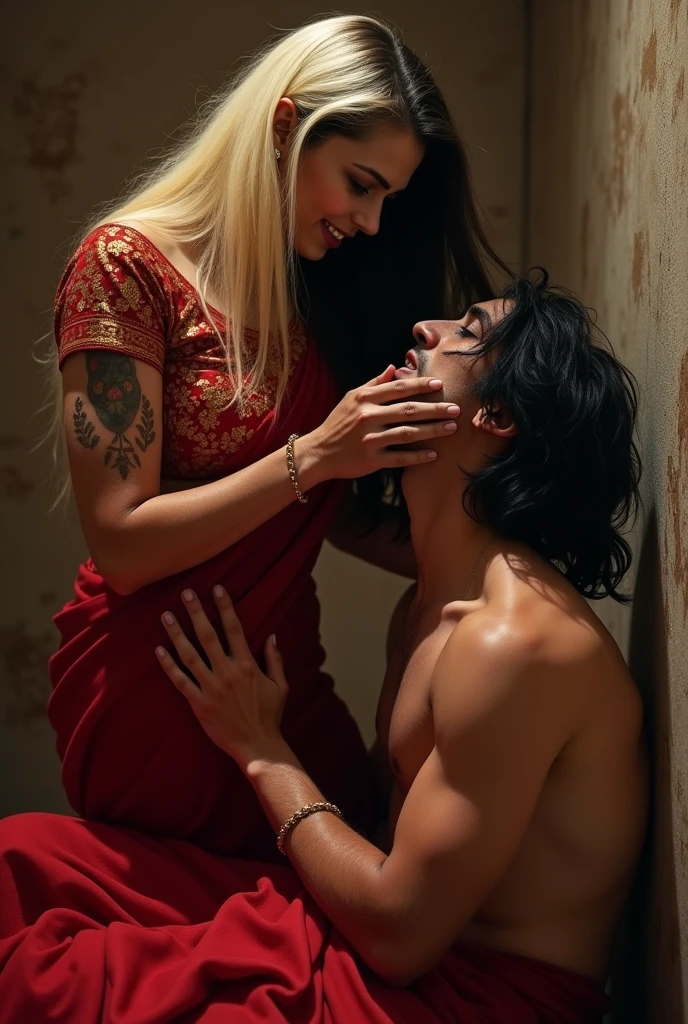 intimate moment between indian Queen Sumegha Nirmal who is a poor male (poor weak man). queen look blond and jerking man dick, no one wearing cloth. queen wearing read saree and cruel. jerking slave dick. queen hair is black.