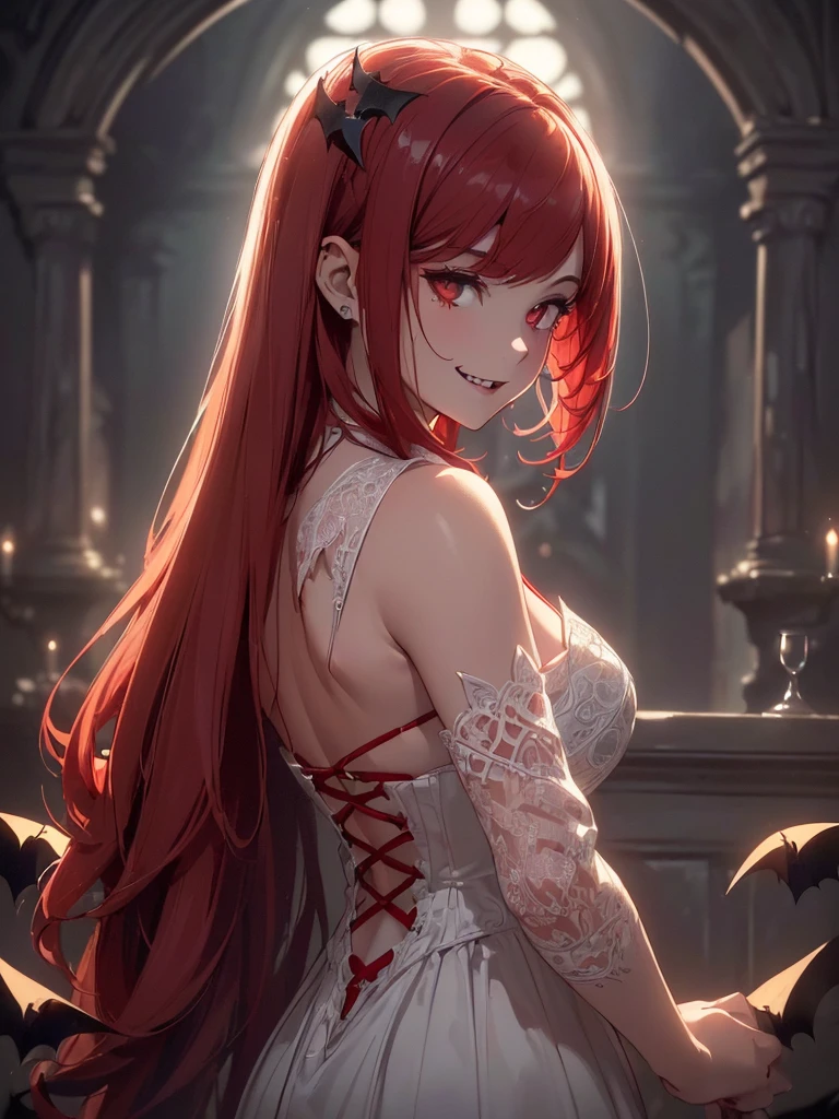 (((best quality, sharp image, clear image, cinematic lighting, 8k resolution, masterpiece, ultra detailed, intricate))) Girl, (((looking over shoulder))), shot from behind, vampire, (((vampire fangs))), intricate white dress. ((blood dripping)), intricate bloodlines in background, (bats flying), bright red hair, smiling, batwings