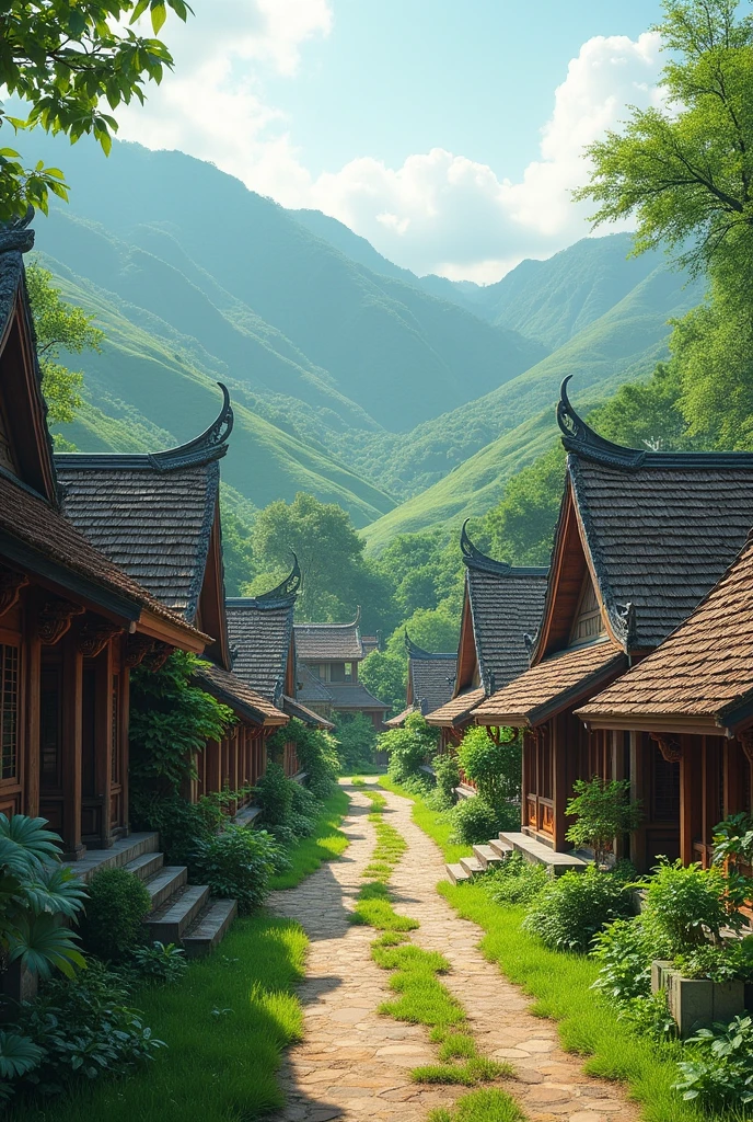 The backdrop is in a northern village in Thailand, no people are visible. Landscape orientation.