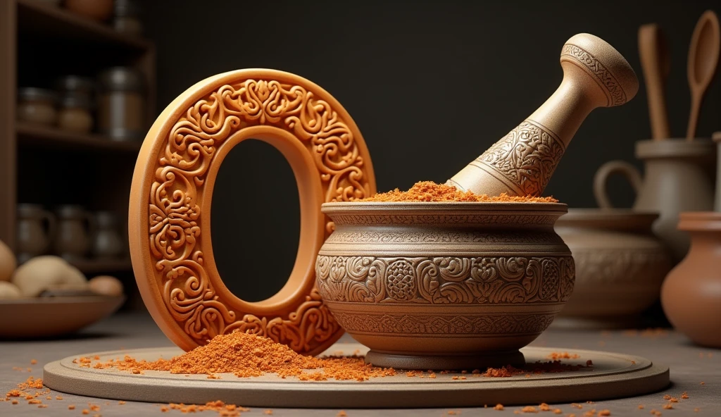 O**: "Show the letter 'O' with a mortar and pestle (Okhli) beside it. The mortar should be traditional and well-decorated, set against a kitchen-themed background."
