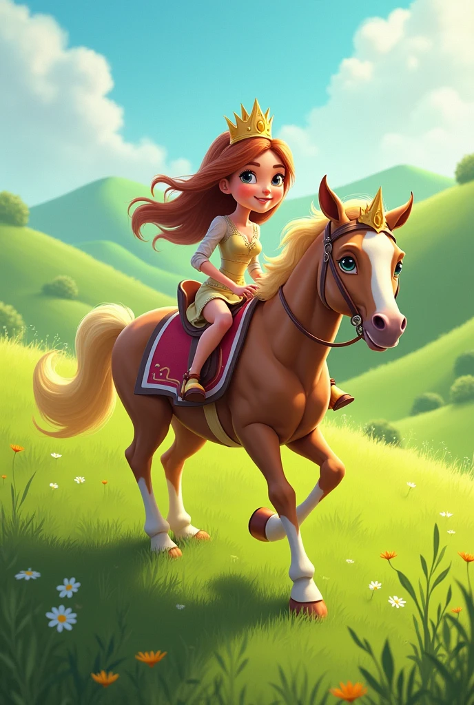 Draw me a picture of a funny princess riding a stupid horse and running on two legs in the grassland.
