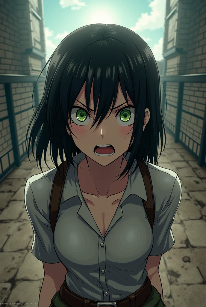 woman, full body, shoulder length black hair, Frightened, green eyes, garrison, Attack on Titan in anime style