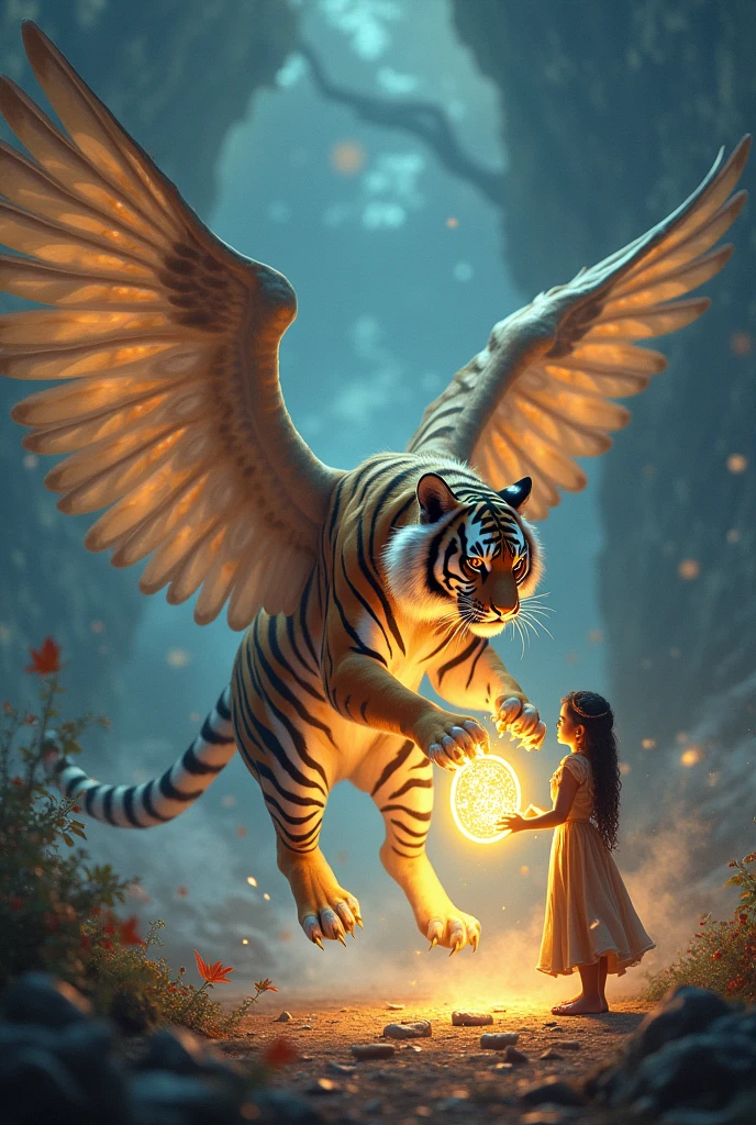 
• The flying tiger presenting Mohaan with a glowing, magical kit.
