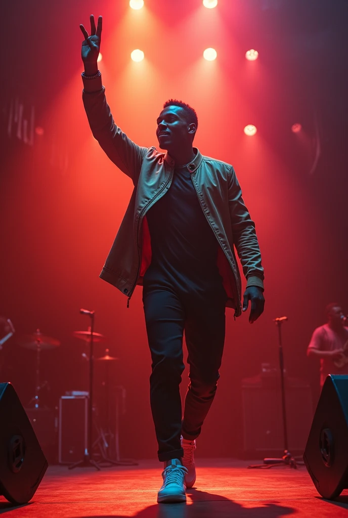A 2024 modern black origin artist who bursts into a performance hall where his rapper competitors artists are surprised to see him in this performance hall.