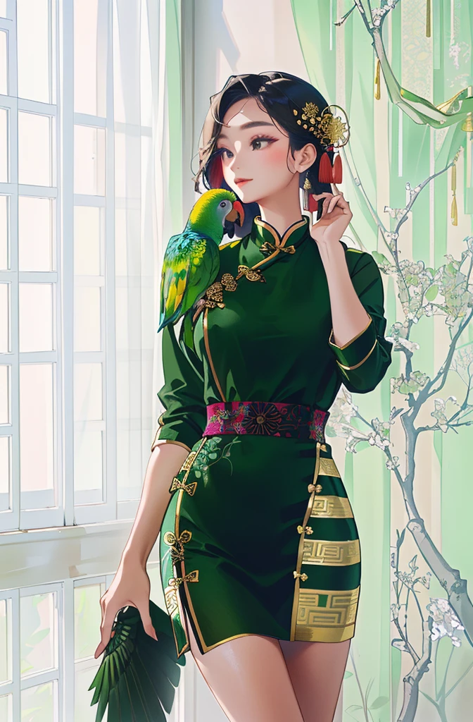 Beautiful young woman in traditional Chinese dress, Surrounded by lush gardens. She holds a parrot on her finger, Watch it with gentle eyes. Woman's hair in an exquisite bun,Decorated with flowers and traditional ornaments. She is elegantly dressed, Made of high quality silk and floral embroidery. Flowers blooming in the garden, Peonies and other flowers as background. This scene embodies the tranquility and beauty of classical Chinese art, Full of natural feeling, (((Ultra high saturation, High natural saturation, Extremely bright colors)))