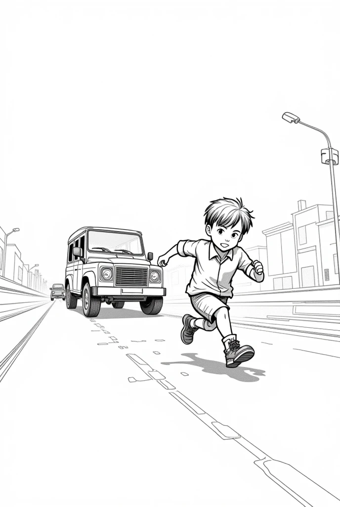 A boy running after a jeep, wearing a school uniform,line art