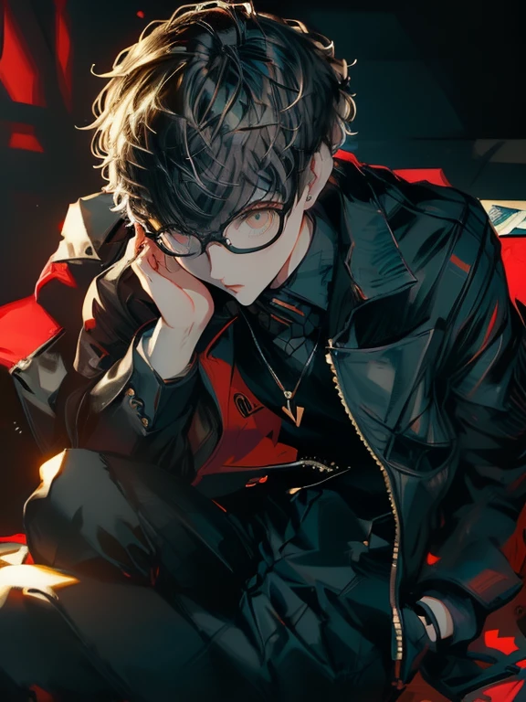 ((chibi)), big head, focus face, in the art style of persona5, (masterpiece:1.2, highest quality), (Realistic, photoRealistic:1.4), Beautiful illustrations, (Natural Side Lighting, Cinema Lighting), Written boundary depth, Beautiful thighs staring at the viewer, 1 female, 20-year-old, alone, thin, slender, (small breasts), short Hair, straight Hair, Forehead, Forehead, Forehead, Forehead, thin, slender, glasses, ((Skinny black pants, collared shirt, oversized zip-up blouson)), lying on the sofa, (((glasses)))
