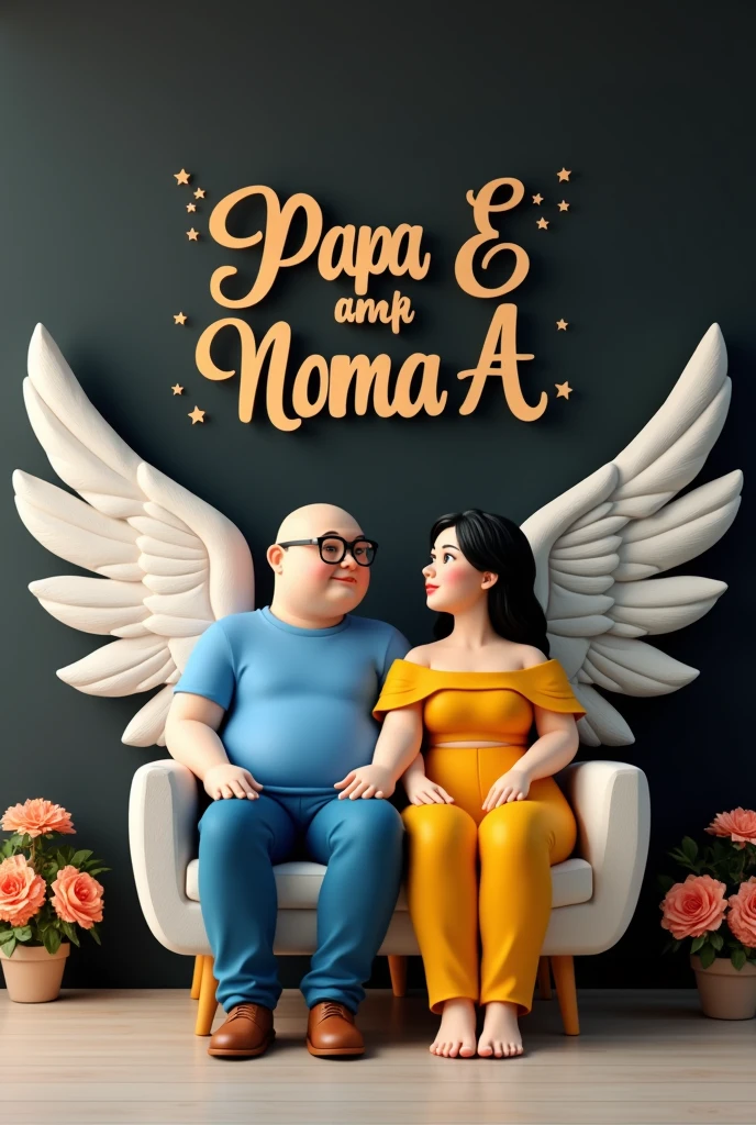 Create a 3D illusion for a profile picture of a 40-year-old couple sitting comfortably in wings chair. The boy is wearing a blue shirt and pants chubby man no hair and with eyelasses and cap . And the girl is wearing a yellow off shoulder with long black hair and eyelasses. He is looking ahead. “Papa E” & “Mama A” are written in big and capital font on the black wall in the background. There should also be beautiful flowers, no shadows, and wings added to show that he or she is an angel.