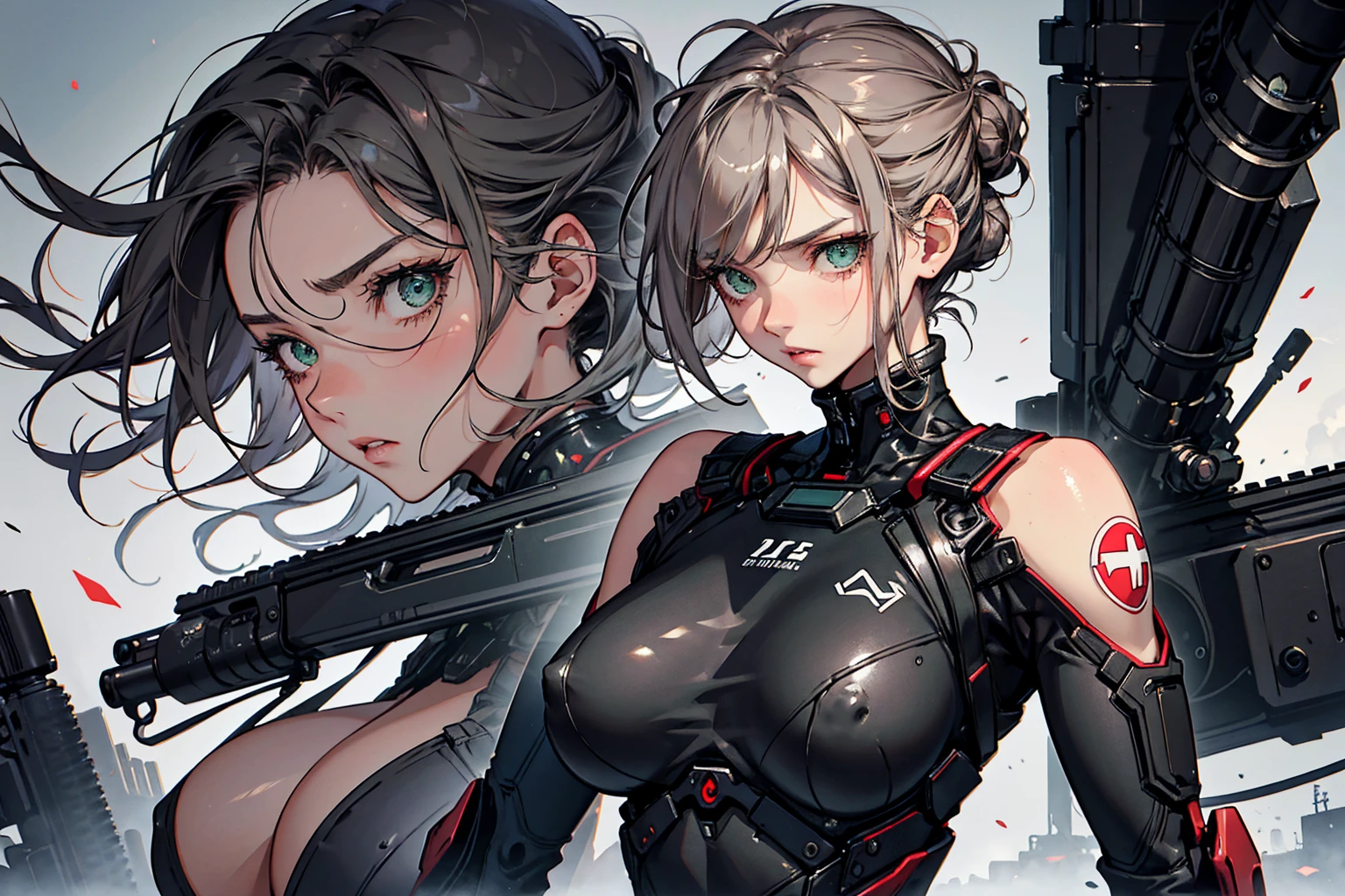 best quality,masterpiece,ultra detailed,Add layer,detailed eyes,slim,skinny,slim legs,(small hips),
,(huge breasts:1.3),
(hair over eyes),((chignon)),short hair,dark gray hair,wavy hair,silky hair,
green eyes,((droopy eyes)),
cherry pink lip,
BREAK,
Girl shooting automatic rifle, (looks into sight), finely drawn automatic rifle, bulletproof suit, (turn towards the viewer), syncs body orientation and gaze, dynamic angle, serious expression, battle, war,calm and serious expression,