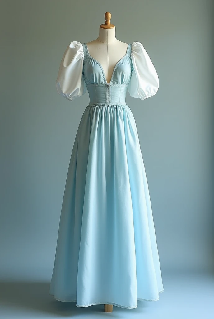 Light blue silk midi dress. shoulders and sleeves are white and separate with a small slit above the chest and puffy sleeves to the elbow