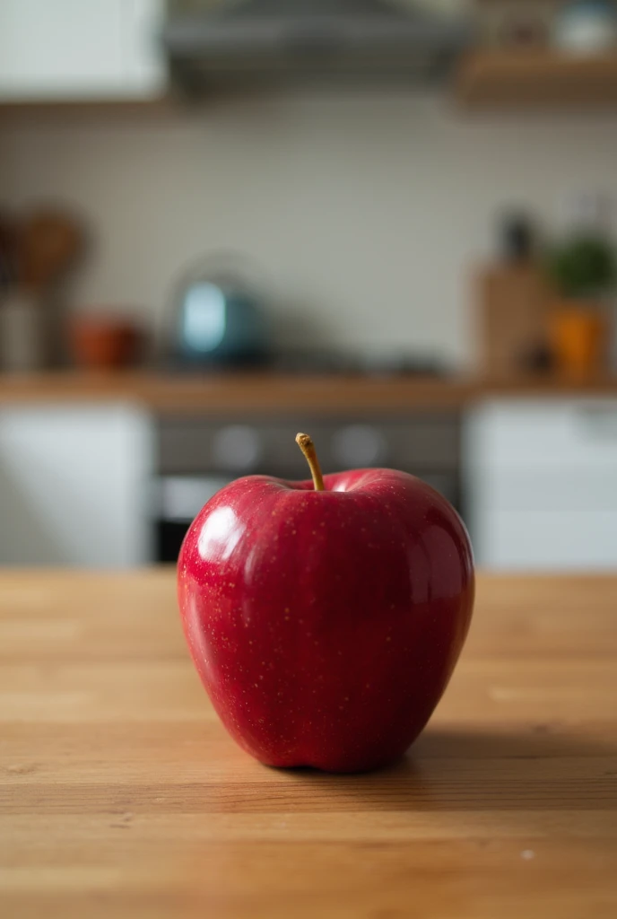 an red apple on the table in the kitchen 