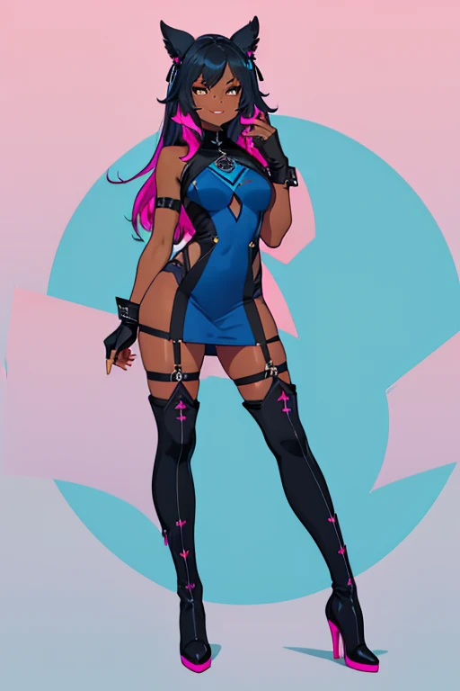 female, blue messy long hair, hazel eyes, dark skin, (((1girl))), (((blue and black minidress with pink trim))), (blue fingerless gloves), (black thigh high heeled boots), cute and sexy, full body, modest breasts, long legs, smirking