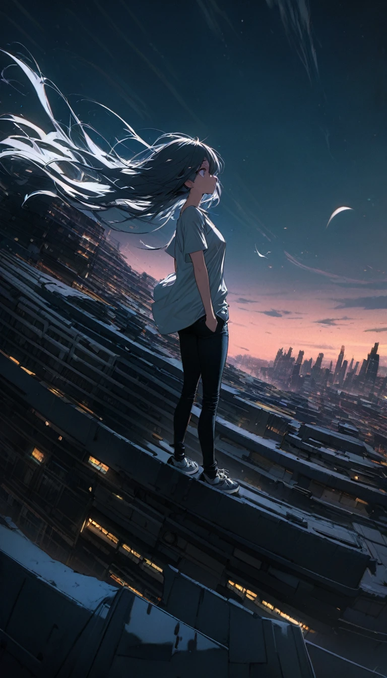 Highest quality, Super Fine, 16K, Incredibly absurd, Very detailed,On top of a building, Gazing into the distance, Wear a loose long T-shirt, Captivating look, Wind, Wind-effect, moonlit nightscape, (Nice views:1.1) , Clockpunk