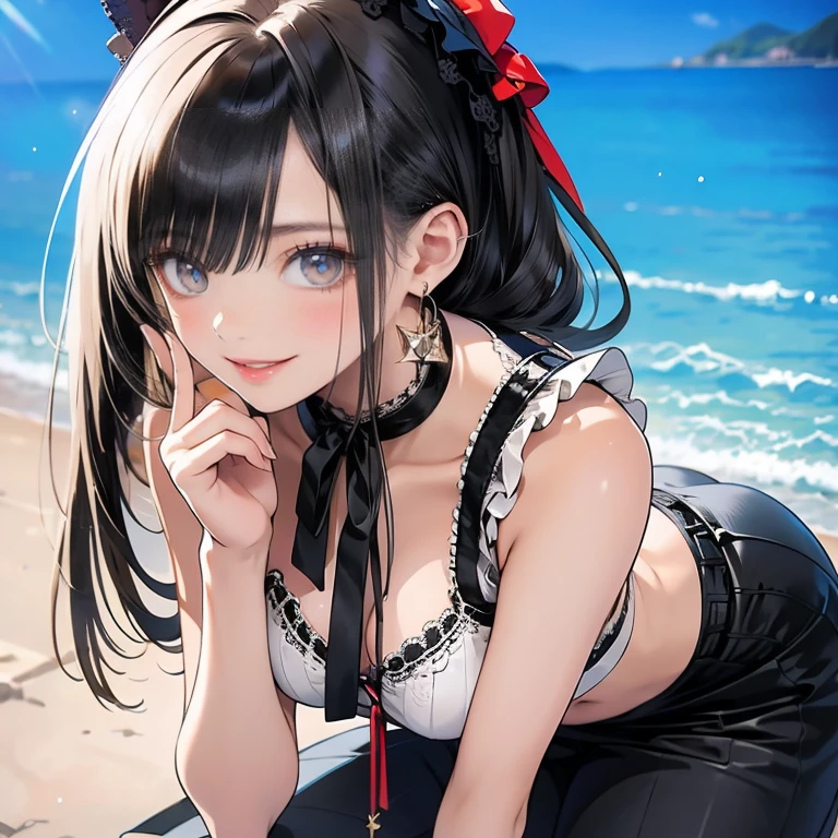 anime illustration, ((((highest quality)))), (((Ultra-precision CG 16K))), (((masterpiece))), (((Very detailed))), (((Extremely detailed))), (((Black outline:1.3, Written boundary depth:1.3 , Written soft outline, sharpness))), Maximum clarity and sharpness, Multilayer Texture, Surface Shading, Cinematic lighting, Beautiful details sparkle ,Perfect Proportions, Limited to one woman, BREAK accurate, Anatomically correct, Highly detailed face and skin texture, drawn in detail, Highly detailed facial and skin texture, Detailed eyes, beautiful hair, Beautiful Japanese Idol face, Beautiful and beautiful eyes, Beautiful body, Beautiful breasts, Beautiful thighs, Beautiful legs, Beautiful fingers, (Beautiful views) , skinny body, ((Beautiful Skin)), ((Skin Texture)) BREAK breast enlarged, medium Breasts, rocket breasts, (((perky breasts))), ((sagging breasts)), slender waist, ( narrow eyes, smiling, blush, determined expression, sweaty , Heavy breathing,) , (streaked hair, hair intakes, colored inner hair, ) BREAK (((wearing printed sexy oversized professional clothing , wearing wide-leg-pants, breasts is covered by outfit))) , wearing earrings, (((tanned skin, tan lines))) , BREAK ( stick breast out, bending over, under the blue sky ),(((looking at viewer, super detailed background , ))), BREAK (((portrait , close-up of face, bust-up shot, looking at viewer, )), (natural make), random angle , random situation , pinup magazine pose,
