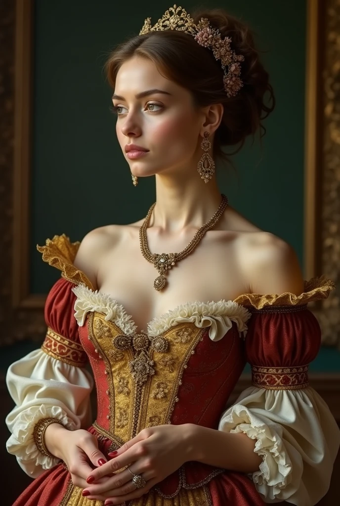 A woman in a dress、Wearing necklaces and earrings、Holding aromatherapy in hand的女士的特写, in a high Renaissance style, in a Renaissance style, in Renaissance style, Renaissance Portraits, realistic Renaissance Portraits, ornate portrait, golden corset, Renaissance style, elegant portrait, Beautiful Portrait, very Beautiful Portrait, Medieval Portraits, Stunning Portraits, Victorian female portrait, A beautiful Victorian woman,Holding aromatherapy in hand